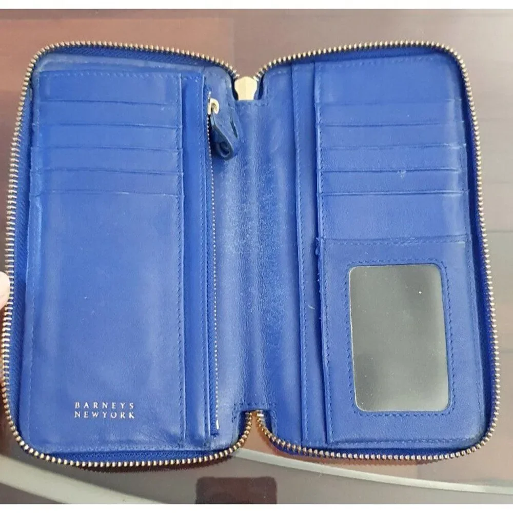 Barneys New York Cobalt Blue Leather Zip Around Wallet